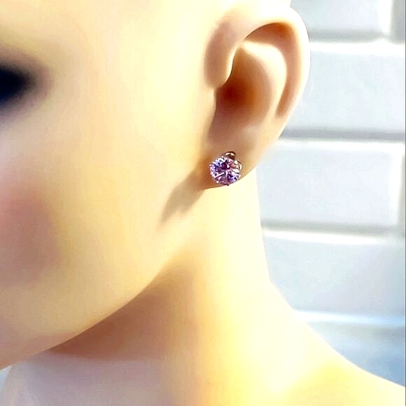 PINK ZIRCONIA SURGICAL STEEL POST 8mm STUD EARRINGS - Picture 3 of 7